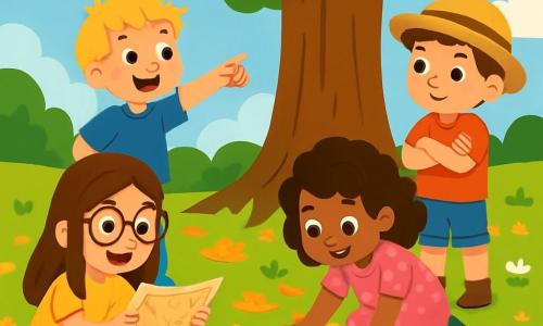 Er zijn 4 kinderen: Noor, een 8-jarig meisje met lang bruin haar en ronde bril, gekleed in een gele t-shirt en een spijkerbroek, die zich bukt om een oude kaart te bekijken met een grote glimlach. Bram, een 9-jarige jongen met rommelig blond haar en sproeten, draagt een blauwe t-shirt en groene broek en staat rechtop terwijl hij naar een grote majestueuze eik wijst. Lila, een 7-jarig meisje met krullend haar in een roze jurk met stippen, krabt met haar handen op de grond, omringd door bladeren. Sam, een 8-jarige jongen met bruin haar en een strohoed, staat naast Lila met zijn armen over elkaar en een nieuwsgierige blik. De locatie is een mooi zonnig park met een grote eik en een grond bedekt met gouden bladeren en kleurrijke bloemen. In de verte zijn groene heuvels en een blauwe lucht met witte wolken te zien. De kinderen zijn op een schattenjacht en ontdekken een klein houten doosje dat onder de bladeren is begraven, allemaal enthousiast met glinsterende ogen terwijl de zon hun avontuur verlicht.