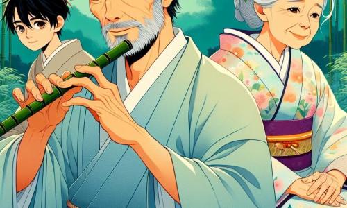 Taro, un uomo di circa cinquant'anni con capelli grigi e barba curata, si trova al centro della scena, con un leggero sorriso e occhi pieni di speranza. Indossa un kimono blu chiaro decorato con motivi di ciliegi in fiore e tiene in mano un flauto di bambù. Alla sua destra, Hana, una donna di circa 70 anni con capelli bianchi raccolti in un chignon, è seduta su una roccia, ascoltando attentamente Taro. Indossa un kimono floreale dai colori tenui, il suo volto esprime saggezza e serenità. A sinistra, Kenta, un uomo di circa trenta anni con capelli neri e occhi vivaci, è in piedi con le braccia incrociate, mostrando un'espressione di curiosità mista a esitazione. Indossa un kimono scuro, in contrasto con l'atmosfera luminosa della scena. La scena si svolge in una radura verdeggiante, circondata da alberi maestosi sotto un cielo blu punteggiato di nuvole bianche. Lanterne di carta sono appese ai rami, illuminando dolcemente lo spazio. Taro si prepara a raccontare una storia, invitando gli altri narratori a radunarsi intorno a lui per condividere i loro racconti, in un'atmosfera calda e conviviale, piena di promesse di riconciliazione e amicizia.