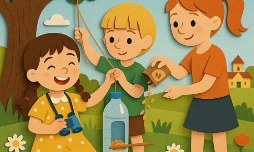 Zosia, 6 lat, radosna i skupiona, z brązowymi włosami w dwóch warkoczach, w żółtej sukience w białe kropki, ma na szyi małą niebieską lornetkę i trzyma plastikową butelkę przerabianą na karmnik; ma lekko zabrudzone kolana i szeroki uśmiech. Obok stoi kolega z klasy, ok. 6 lat, blond włosy na pazia, w zielonej koszulce; trzyma sznurek i pomaga przymocować karmnik do gałęzi. Starsza dziewczynka ok. 7 lat, rude włosy w kucyku, trzyma pudełko z ziarnem i wsypuje je do karmnika ustawionego na patyku. Obok, na trawie, leży mały miś pluszowy jak czuły obserwator. Miejsce: duża zielona łąka pod starym dębem, kolorowe kwiaty (stokrotki, maki), pasy trawy, jasnoniebieskie niebo z papierowymi chmurami, w tle szkoła w prostych geometrycznych kształtach. Scena: dzieci razem robią karmnik z butelki, układają kolorowe kamienie w krąg, współpraca i uważne gesty, świetlista atmosfera późnego popołudnia, przejrzysta kompozycja, żywe kontrastowe kolory, papierowe tekstury, wyraźne kontury i miękkie cienie w stylu „paper cut”.