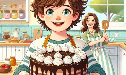 Un ragazzo di 7 anni, di nome Luca, con i capelli castani in disordine e occhi scintillanti di gioia, si trova al centro della scena, sorridendo ampiamente mentre tiene una grande torta al cioccolato decorata con panna montata e coriandoli colorati. Accanto a lui, sua mamma, una donna sulla trentina con capelli lunghi e ondulati, indossa un grembiule e guarda Luca con orgoglio, tenendo una spatola di legno. In secondo piano, il papà di Luca, un uomo sulla quarantina con una leggera barba e un sorriso caloroso, è seduto al tavolo, con gli occhi spalancati per la sorpresa, in attesa della sorpresa del figlio. La scena si svolge in una cucina luminosa e accogliente, con pareti dipinte di giallo pastello, finestre che lasciano entrare la luce del sole e scaffali pieni di barattoli di marmellata e utensili da cucina colorati. Luca, con un'espressione di eccitazione e orgoglio, presenta la sua creazione al papà, che sta per scoprire la deliziosa sorpresa preparata con amore per la festa del papà.