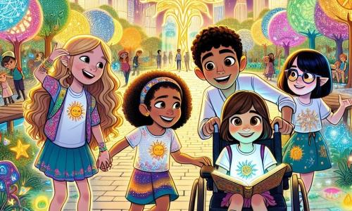 En el centro de la ciudad de las Chispas, cuatro amigas se agrupan, listas para la aventura. **Luna**, de 10 años, está en una silla de ruedas futurista con luces brillantes. **Estrella**, de 9 años, ríe con curiosidad, mientras **Sol**, de 11 años, sostiene un antiguo libro de magia. **Mar**, de 10 años, sonríe con una carta mágica en la mano. Están en un parque tecnológico encantador, con árboles de hojas de vidrio y caminos brillantes. En el centro, se reúnen alrededor de Zapi, un pequeño duende que las guía hacia la Torre de los Relámpagos, donde se oculta el Cristal del Amanecer, rodeadas de una atmósfera mágica y relámpagos danzantes.