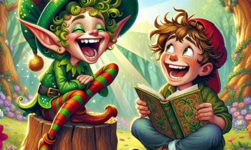 Een blije elf genaamd Loeloe, met een stralende groene huid en gouden krullend haar, draagt een grote sprankelende groene hoed. Hij lacht uitbundig, zijn ogen twinkelen van ondeugd, terwijl hij op een tak staat, omringd door kleurrijke bloemen. Naast hem zit Max, een tienjarig jongetje met rommelig bruin haar en een rode pet, die breed glimlacht terwijl hij een grappenboek vasthoudt. Hij zit met gekruiste benen op een boomstronk en kijkt bewonderend naar Loeloe. De omgeving is een prachtig betoverd bos, vol bomen met veelkleurige stammen, dansende bloemen en zonnestralen die door de bladeren filteren, wat een magische sfeer creëert. De hoofdscène toont Loeloe en Max die hilarische grappen delen, wat de aandacht trekt van een kleurrijke vogel die op een naburige tak zit en uit volle borst lacht.