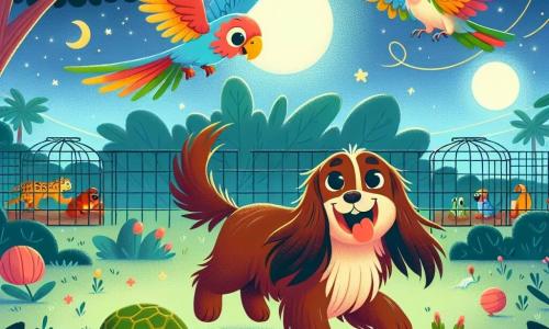 Ein fröhlicher Hund namens Max mit glänzendem braunem Fell und großen, funkelnden Augen steht im Mittelpunkt der Szene, bellt begeistert und wedelt mit dem Schwanz vor Freude. Neben ihm fliegt ein bunter Papagei namens Paul mit leuchtend roten, blauen und grünen Federn in Kreisen über Max, seine Flügel ausgebreitet und schreit vor Freude. Eine kleine Schildkröte namens Trixi mit einem grünen Panzer und sanften Augen bewegt sich langsam hinter ihnen, mit einem breiten Lächeln im Gesicht und einem kleinen Korb voller Leckereien. Die Szenerie spielt in einem magischen Garten hinter einem Zoo, gefüllt mit bunten Blumen, majestätischen Bäumen und sanftem Mondlicht, das den Weg erhellt. In der Ferne sind die Tiergehege zu sehen, was eine warme und freundliche Atmosphäre schafft. Die Hauptsituation zeigt Max, Paul und Trixi, die in dem Gras ein funkelndes Goldstück entdecken, umgeben von einer Aura der Aufregung und des Geheimnisses, bereit, ihre unglaubliche Entdeckung mit all ihren tierischen Freunden zu teilen.