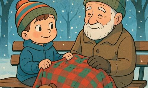 Um menino de 6 anos, chamado Tomás, com bochechas rosadas e um gorro colorido, está sentado em um banco de parque coberto de neve, segurando um cobertor xadrez vermelho e verde com um sorriso caloroso. Um homem idoso, o senhor Artur, com barba branca e olhos gentis, está sentado ao lado de Tomás, envolto no cobertor, suas mãos enluvadas descansando sobre os joelhos. Um pequeno cão marrom, chamado Pingo, está sentado aos seus pés, olhando curiosamente. O parque está coberto de neve brilhante, com luzes de Natal penduradas nas árvores, criando uma atmosfera mágica e acolhedora. A cena mostra Tomás oferecendo o cobertor ao senhor Artur, ilustrando um momento de partilha e generosidade sob as luzes de Natal.