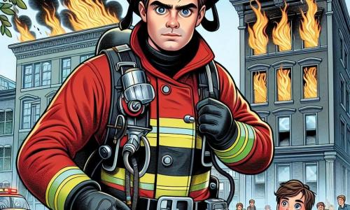 Um bombeiro chamado João se posiciona corajosamente diante de um prédio em chamas, com o rosto determinado e concentrado, olhos brilhando de adrenalina. Ele usa um uniforme vermelho vivo, um capacete brilhante e luvas pretas, enquanto segura uma mangueira, pronto para apagar o fogo. Ao seu lado, um garoto de 10 anos, Lucas, com cabelos castanhos bagunçados e olhos arregalados, observa admirado, segurando um pequeno cartaz de agradecimento. Ao fundo, chamas dançam e fumaça preta sai das janelas do prédio, criando uma atmosfera dramática. O local é uma rua movimentada da cidade, com transeuntes preocupados observando a cena, enquanto árvores verdes cercam o prédio em chamas. A situação principal mostra João salvando vidas, pronto para entrar no prédio e resgatar pessoas presas dentro, ilustrando bravura e solidariedade.