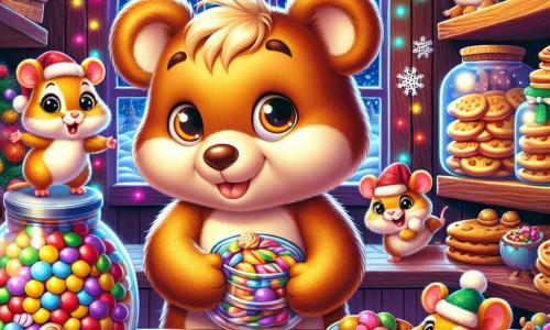 Um pequeno urso de pelúcia caramelo, chamado Nicolau, com grandes olhos brilhantes e um sorriso travesso, está no meio de uma cozinha festiva, cercado por guirlandas cintilantes. Ele esconde doces coloridos atrás de potes de vidro e pratos decorados, seu rosto radiante de excitação e determinação. Ao seu lado, Rolo, um hamster de pelos dourados e patas pequenas ágeis, observa com curiosidade, pronto para brincar. Mais adiante, um grupo de ratinhos com chapéus de Natal dança alegremente, seus rostos iluminados pela alegria do espírito festivo. A cozinha é acolhedora, com paredes de madeira, uma grande mesa carregada de biscoitos decorados e uma janela adornada com flocos de neve cintilantes. Luzes coloridas brilham ao redor, criando uma atmosfera mágica. Nicolau, decidido a preparar uma surpresa de Natal para sua avó, organiza uma caça ao tesouro cheia de doces e surpresas, enquanto a música alegre dos ratinhos ressoa no ar, aumentando a excitação deste momento especial.