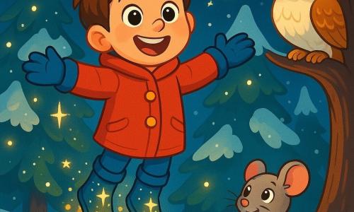 An 8-year-old boy named Oliver, with messy brown hair and sparkling joyful eyes, wears a bright red coat and wool gloves. He smiles in wonder, arms open, ready to soar into the air with his sparkling boots. Next to him, a small gray mouse, with bright eyes and round ears, curiously watches Oliver while standing on its hind legs. Further away, a wise owl, with white and golden feathers, perches on a branch, observing the scene with a benevolent expression. The scene takes place in an enchanted forest, where trees are covered in sparkling snow and snowflakes gently fall from the starry sky. Twinkling lights illuminate the landscape, creating a magical and festive atmosphere. Oliver is about to take flight, surrounded by his animal friends, ready to celebrate a wonderful Christmas in the enchanted forest.
