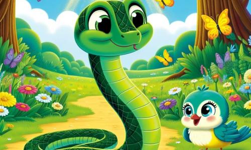 A small snake named Sammy, with shiny emerald green scales, proudly stands at the center of the scene, his eyes sparkling with curiosity and a determined smile on his face. He is weaving through colorful flowers, his fluid and graceful movements capturing the spirit of adventure. Nearby, a pretty little bird named Bella, with bright yellow and blue feathers, is perched on a branch, her wings slightly spread, watching Sammy with admiration and encouragement. The setting is a beautiful glade bathed in golden light, surrounded by majestic trees with thick trunks and lush leaves, while colorful butterflies dance in the fresh, fragrant air of the flowers. The main focus shows Sammy, the snake, ready to venture down a sparkling path leading to the mysterious Magical Prairie, a magical glow emanating from the path, symbolizing the hope and excitement of his journey.