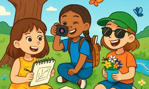 There are three characters: - Sophie: a 10-year-old girl with chestnut hair and sparkling eyes. She wears a pretty yellow floral dress and holds a sketchbook in her hands. - Maya: a 10-year-old girl with long braids and a blue t-shirt. She carries a backpack filled with art supplies and smiles while taking photos with her camera. - Ellie: a 9-year-old girl wearing a green cap and sunglasses. She has a big smile and holds a small jar filled with wildflowers she picked. The three girls stand near a large oak tree in the middle of a green field, surrounded by colorful flowers and fluttering butterflies. The bright blue sky is dotted with fluffy white clouds. The main scene shows the girls planning their summer picnic, sitting on the grass with sheets of paper scattered around them. They laugh and share ideas, while a small sparkling stream nearby adds a touch of magic to their summer adventure.