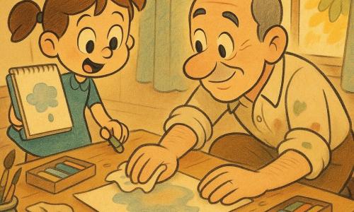 A gentle-faced man named Mr. Luca with short gray hair and paint-stained shirt sleeves crouches by a wooden table in a small sunlit studio by a park, gently dabbing a wet sheet with a towel as a 7-year-old girl, Mina, with brown pigtails in a blue dress holds a dripping sketchbook and watches in surprise and wonder; the main focus is a water droplet that splashed Mina’s drawing, forming a blurred cloud that Mr. Luca taps while Mina blends it with a light pastel, the room showing a wide wooden-framed window, shelves of brushes and pastel boxes, scattered papers, golden light and visible tree leaves outside, rendered in a warm pastel palette with paper grain and pastel texture in a retro 