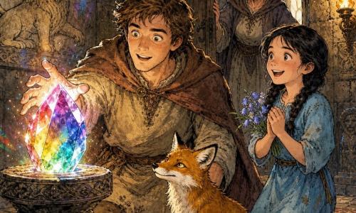 A young man with a round face and curious eyes smiles in wonder, reaching for a glowing multicolored crystal; a ~10-year-old girl with braided black hair in a pale blue dress applauds at his right holding a small bouquet, a golden fox sits at his feet watching the gem, and an elderly woman with gray hair in a bun watches proudly from the doorway in a stone vaulted chamber decorated with lion and star reliefs, a carved pedestal, torches casting warm shadows and rainbow light on wet stone—the moment of discovery: bright crystal light, illuminated faces, relief and regained magic.