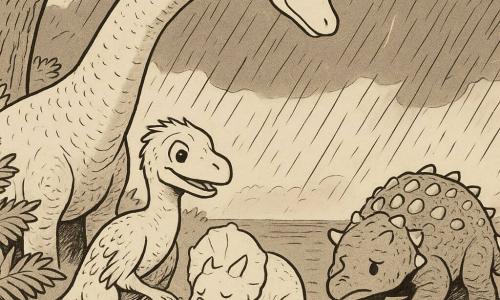Ein kleiner, neugieriger Velociraptor namens Tiko sitzt am Seeufer und schützt schüchtern mit der Pfote ein verängstigtes Triceratops-Baby; links dominiert der ruhige, schützende Brachiosaurus Balno mit gebogenem Hals und umschließendem Schwanz, rechts steht ein kurzbeiniger, besorgter aber selbstbewusster junger Ankylosaurus; Ort: schattiges Ufer mit Farnen, knorrigen Stämmen und regennasser Oberfläche, im Hintergrund ein großes Gewitter mit schrägem Regen, Wind und dunklen Wolken, doch ein sanftes Licht fällt auf die geschützte Gruppe; visueller Stil: klares Ink-Lineart, starke Kontraste, schraffierte Texturen für Rinde und Schuppen, deutliche, kindgerechte Silhouetten und Gesichtsausdrücke.