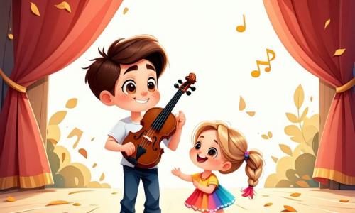 Tom, ein 10-jähriger Junge mit zerzausten braunen Haaren und neugierigen Augen, steht auf einer Holzbühne und hält eine schöne lackierte Violine. Sein Gesicht zeigt eine Mischung aus Aufregung und Nervosität, mit einem leichten Lächeln und rosigen Wangen. Neben ihm ermutigt seine 7-jährige Schwester Anna, ein Mädchen mit langen, geflochtenen blonden Haaren und einem bunten T-Shirt, ihn mit einem breiten Lächeln und erhobenen Armen, als würde sie applaudieren. Im Hintergrund sitzt das Publikum, bestehend aus Plüschspielzeugen und Spielzeugen, auf Holzstühlen und schafft eine warme, freundliche Atmosphäre. Die Bühne wird von hellen Scheinwerfern beleuchtet, und funkelnde Lichtergirlanden schmücken den Hintergrund und verleihen dem Ganzen eine festliche Note. Tom, konzentriert, bereitet sich darauf vor zu spielen, während eine leichte Brise den Vorhang hinter ihm wehen lässt und die Bedeutung dieses Moments unterstreicht.
