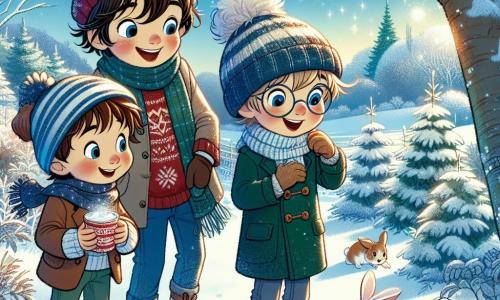 In einer zauberhaften Winterlandschaft stehen drei Jungen zusammen. Max, ein 10-jähriger Junge mit zerzausten braunen Haaren und einem breiten Lächeln, trägt einen roten Pullover und eine blaue Mütze. Er steht in der Mitte des Bildes und hält eine Tasse heiße Schokolade. Links von ihm ist Tim, ein 9-jähriger Junge mit blonden Haaren und funkelnden Augen, der eine grüne Jacke und einen gestreiften Schal trägt. Er zeigt auf eine kleine Gruppe verschneiter Bäume. Rechts steht Leo, ein 8-jähriger Junge mit braunen Haaren und einer Brille, der einen marineblauen Mantel trägt und fasziniert einen kleinen weißen Hasen beobachtet, der aus seinem Bau kommt. Der Ort ist ein wunderschöner Wald, bedeckt mit einer dicken Schicht glitzernden Schnees, wo die Bäume mit Schneeflocken und gefrorenen Ästen geschmückt sind. Der Himmel ist strahlend blau, mit flauschigen weißen Wolken, und die Sonne scheint sanft und erhellt die Szene mit weichem Licht. Die drei Freunde entdecken ihren alten Holzunterstand, einen alten Schuppen, den sie in einen gemütlichen Rückzugsort für ihre Winterabenteuer verwandelt haben. Sie lachen und teilen Geschichten, während sie ihre heiße Schokolade genießen, umgeben von der Magie des Winters.