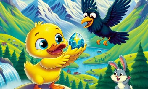 Um pato amarelo brilhante chamado Quico, com penas reluzentes e olhos cheios de curiosidade, está no topo de uma majestosa montanha, segurando no bico uma pedra cintilante que irradia cores douradas. Ao seu lado, uma pequena corvo chamada Azul, com penas azul-escuro e grandes olhos redondos, voa alegremente, com as asas abertas, como se estivesse cantando uma melodia de vitória. Um coelhinho travesso chamado Saltitão, com pelagem branca e orelhas longas, está na base da montanha, pulando de empolgação, pronto para celebrar seu sucesso. A paisagem é espetacular, com picos nevados tocando o céu e vales verdes abaixo, salpicados de flores coloridas que dançam ao vento. A cena transmite uma atmosfera de triunfo e amizade, enquanto Quico, Azul e Saltitão celebram juntos a descoberta da Pedra da Coragem, símbolo de sua aventura e de seu vínculo inquebrável.