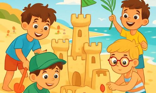 Há 4 crianças: - João: um menino de 10 anos, com cabelos castanhos bagunçados e olhos brilhantes. Ele usa uma camiseta azul e um short vermelho, e está cavando um buraco para o fosso ao redor do castelo de areia. - Pedro: um menino de 9 anos, com cabelos loiros e óculos. Ele usa um maiô listrado e está ocupado construindo uma torre de areia, concentrado em seu trabalho. - Lucas: um menino de 10 anos, com cabelos pretos e um boné verde. Ele está decorando o castelo com conchas coloridas, sentado na areia ao lado de João. - Miguel: um menino de 9 anos, com cabelos castanhos e um grande sorriso. Ele usa uma camiseta amarela e está em pé, segurando folhas de palmeira para fazer bandeirinhas, admirando o castelo. A cena acontece em uma praia ensolarada, com dunas de areia dourada e ondas quebrando suavemente na costa. O céu é de um azul brilhante, com algumas nuvens brancas e fofas. Ao fundo, pode-se ver crianças brincando e famílias aproveitando o sol, enquanto gaivotas voam sobre a água cintilante. A situação principal mostra os quatro amigos construindo um imenso castelo de areia, rindo e se divertindo juntos, cercados por baldes coloridos e pás, com o som das ondas e o perfume do mar.