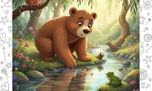 Un gran oso de peluche marrón llamado Balú, de rostro redondo y ojos brillantes, se agacha junto a un arroyo poniendo una pata en el agua; su reflejo nítido, con tonos ligeramente más fríos, le sonríe; a la derecha, una pequeña rana verde con manchas amarillas croa desde una piedra, y arriba a la izquierda una ardilla pelirroja de cola tupida observa desde una rama baja de sauce llorón; el arroyo claro con piedras musgosas, hierba, flores silvestres y troncos retorcidos recibe la luz del sol entre hojas verdes en manchas doradas; Balú descubre su reflejo y se pregunta por su identidad en una escena tranquila, contemplativa y ligeramente mágica.
