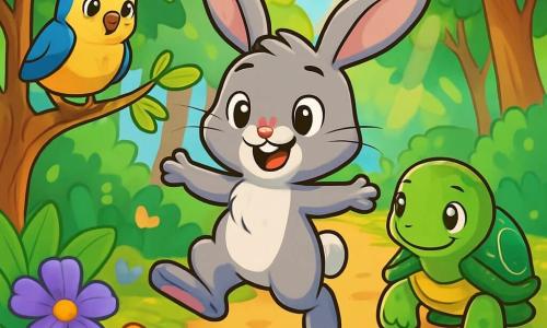 A young gray rabbit with large floppy ears named Benny stands in the center of the image, his eyes shining with excitement and a wide smile. He is joyfully hopping along a forest path, surrounded by colorful flowers and bright green leaves. To his right, a turtle with a shell shining like a gemstone, Oliver, moves slowly but determinedly. His wise eyes express gentle confidence as he looks at Benny with pride, taking care not to rush. To the left, a young bird with yellow and blue feathers, Lila, perches on a low branch, her expression one of gratitude and joy, ready to take flight. The setting is an enchanted forest, with sunlight filtering through the leaves, creating bright patterns on the ground. Vivid flowers like violets and daisies dot the path, while a gentle breeze makes the leaves dance. The scene captures the moment when Benny, Oliver, and Lila joyfully collaborate, ready to explore together, symbolizing friendship and support in the face of challenges.