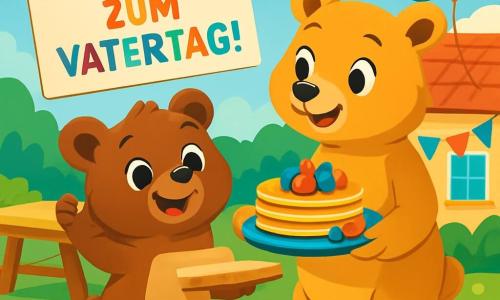 Ein kleiner brauner Bär namens Bruno mit einem weichen, seidigen Fell zeigt ein großes, fröhliches Lächeln, während er ein großes, buntes Schild mit glänzenden Buchstaben hält, auf dem steht: „Alles Gute zum Vatertag!“. Er steht auf seinen Hinterbeinen, seine Augen funkeln vor Aufregung. Neben ihm lächelt eine Mama-Bärin mit goldenem Fell und warmen Augen zärtlich, während sie ein Tablett mit köstlichen Pfannkuchen und bunten Früchten hält. Sie schaut stolz zu Bruno, ihre spitzen Ohren stehen vor Begeisterung auf. Die Szenerie spielt in einem grünen Garten, der mit strahlenden, bunten Blumen gefüllt ist, unter einem klaren blauen Himmel mit flauschigen weißen Wolken. Ein großer Picknicktisch ist gedeckt, geschmückt mit bunten Papiergirlanden und schwebenden Ballons. Die Hauptszene zeigt Bruno und seine Mama, die eine fröhliche Überraschung für Papa Bär vorbereiten, der noch drinnen im Haus schläft, während der süße Duft von Pfannkuchen in der Luft liegt.
