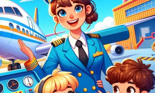 A smiling pilot, Captain Lily, is a woman with brown hair tied in a bun, wearing a bright blue uniform with gold epaulettes. She stands next to her airplane with her arms open, radiating joy and excitement. Beside her are two children, Max and Mia, an 8-year-old boy with blond hair and a 7-year-old girl with curly brown hair. Max, with a big smile, points at the plane, while Mia, with wide eyes, admires the cockpit. The scene takes place on a sunny tarmac with a bright blue sky dotted with fluffy white clouds. In the background, colorful airplane hangars and maintenance tools can be seen. The main situation shows Captain Lily explaining to the children how the airplane works, with shiny buttons and levers, while they dream of flying in the sky.