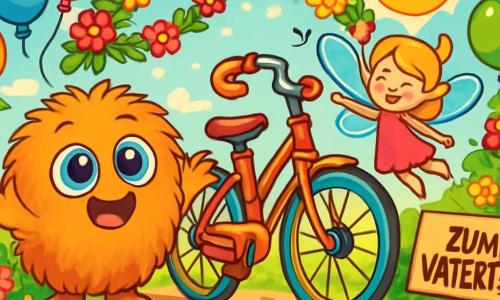 Lilli, ein kleines, flauschiges Wesen mit großen, funkelnden blauen Augen und weichem Fell, ist voller Freude und Aufregung. Sie steht vor einem wunderschönen alten Fahrrad, das in lebhaften Farben glänzt, mit einem breiten Lächeln im Gesicht. Neben ihr tanzt Mimi, eine kleine Fee mit glitzernden Flügeln und goldenen Haaren, fröhlich in der Luft, ihre Augen funkeln vor Begeisterung. Die Kulisse ist ein zauberhafter Garten, gefüllt mit strahlenden Blumen und bunten Ballons, die in der Luft schweben. Die Sonne scheint sanft und taucht die Szene in goldenes Licht. Lilli und Mimi bereiten eine Überraschung zum Vatertag vor, umgeben von Blumengirlanden und Lachen, während das restaurierte und glänzende Fahrrad stolz im Mittelpunkt steht, bereit verschenkt zu werden.