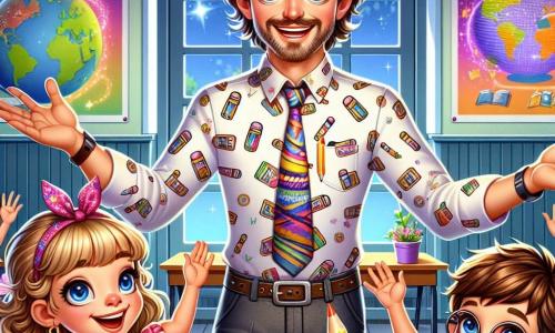 Meneer Jasper staat centraal in de afbeelding, met een grote warme glimlach en sprankelende ogen vol enthousiasme. Hij heeft lichtgolvend bruin haar en draagt een kleurrijk shirt met tekeningen van potloden en boeken. Hij staat met open armen, alsof hij zijn leerlingen verwelkomt in een magische leerwereld. Aan zijn rechterkant is Sophie, een 8-jarig meisje met mooie blonde vlechten, die enthousiast haar hand opsteekt. Ze draagt een roze jurk met stippen en heeft een nieuwsgierige blik, klaar om te delen wat ze heeft geleerd. Aan zijn linkerkant staat Lucas, een 9-jarige jongen met rommelig kastanjebruin haar en ronde bril, die een wereldkaart vasthoudt. Hij glimlacht trots en toont zijn klasgenoten de diversiteit van de landen. De achtergrond is een heldere klaslokaal, gevuld met levendige kleuren. Educatieve posters sieren de muren en boeken zijn opgestapeld op houten bureaus. Een groot raam laat zonlicht binnen, dat de ruimte verlicht. De belangrijkste situatie toont Meneer Jasper die met passie het belang van leren uitlegt, terwijl de kinderen, geboeid, hun ontdekkingen en dromen delen, wat een vrolijke en inspirerende sfeer creëert.