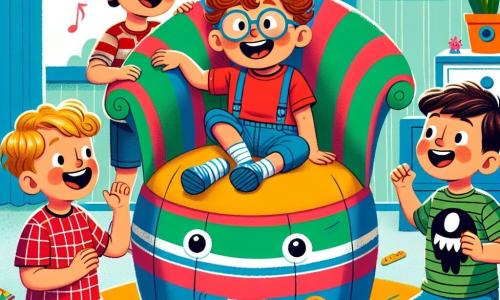 Vier Jungen im Alter von 8 bis 10 Jahren stehen um einen großen, bunten Wackelstuhl. Max, ein Junge mit braunen, lockigen Haaren, trägt ein rotes T-Shirt und blaue Shorts und lacht, während er die Arme hebt. Leo, mit blonden Haaren und einer Brille, ist in ein kariertes Hemd gekleidet und macht eine Tanzbewegung. Ben, ein Junge mit glatten, schwarzen Haaren, trägt ein grünes T-Shirt und lächelt, während er sich nach vorne beugt. Schließlich klatscht Tim, mit braunen Haaren und einem Piratenhut, begeistert in die Hände. Der Raum ist fröhlich dekoriert, mit hellblauen Wänden, Superhelden-Postern und verstreuten Spielzeugen. In der Mitte steht der Wackelstuhl, ein bunter Sessel mit gestreiften Mustern und lächelnden Augen, der bereit zu tanzen scheint. Die Szene zeigt die Jungen, die um den Wackelstuhl herum Spaß haben, während dieser zu tanzen beginnt und eine Atmosphäre von Freude und Lachen schafft. Die Jungen singen zusammen, ihre Gesichter strahlen vor Glück, während der Wackelstuhl hin und her wackelt, als würde er sie einladen, mit ihm zu tanzen.