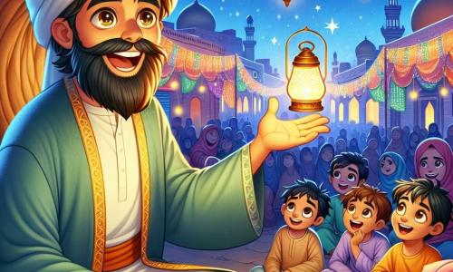 Malik, ein mittelalter Mann mit braunem Bart und weiser Ausstrahlung, steht unter einem großen Baum auf dem Markt und hält eine Lampe mit blauem Licht, die warm leuchtet. Sein Gesicht strahlt Freude und Gelassenheit aus, während er den versammelten Kindern eine fesselnde Geschichte erzählt. Amir, ein etwa 10-jähriger Junge mit zerzausten schwarzen Haaren und strahlendem Lächeln, sitzt im Schneidersitz neben Malik und hört aufmerksam zu, seine Augen leuchten vor Staunen. Samir, sein 12-jähriger Bruder mit sanften Zügen und bemehlten Händen, steht etwas im Hintergrund, nachdenklich blickend, als würde er über seine eigenen Gefühle nachdenken. Der Ort ist ein lebhafter Markt, erfüllt mit lebhaften Farben: Stände mit saftigen Früchten, schimmernden Stoffen und funkelnden Laternen. Im Hintergrund lachen die Menschen und tauschen Waren unter einem dämmernden Himmel, in dem die Sterne zu erscheinen beginnen. Die Hauptsituation zeigt Malik, der sein Publikum mit zauberhaften Worten fesselt, während die Flamme seiner Lampe tanzt und die Gesichter der staunenden Kinder erleuchtet. Die Atmosphäre ist magisch und warm, erfüllt von Neugier und Kameradschaft.