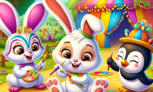 Un adorabile coniglietto di nome Bobo, con pelliccia bianca e grandi orecchie, sta dipingendo maschere colorate per il carnevale, mostrando un grande sorriso di eccitazione. Accanto a lui, Clara, una bellissima farfalla dalle ali multicolori, vola felice scegliendo colori vivaci per le maschere, il suo viso splendente di gioia. Pino, un carino pinguino con la pancia bianca e un piccolo cappello, sta indietro ridendo e raccontando barzellette, con gli occhi scintillanti di malizia. La scena si svolge in una grande radura soleggiata, circondata da alberi verdi e fiori vivaci, con un grande tendone colorato decorato di ghirlande e palloncini sullo sfondo. Bobo, Clara e Pino stanno preparando il carnevale, creando un'atmosfera festosa e gioiosa, piena di colori vivaci e risate.