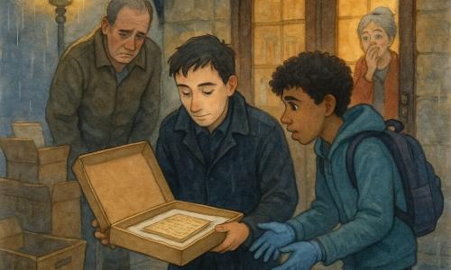 Uomo adulto, Lorenzo il detective, calmo e concentrato, volto dai tratti dolci, cappotto scuro bagnato dalla pioggia, tiene con cura una scatola piatta di cartone rigido aperta che mostra un vecchio manoscritto avvolto in un tessuto chiaro; uomo adulto, Gabriele, circa 50 anni, espressione vergognosa e stanca, mani robuste sulle ginocchia, in piedi leggermente dietro a sinistra di Lorenzo con lo sguardo abbassato; ragazzo adolescente, Samir, circa 17 anni, curioso e attento, capelli ricci, con zaino e guanti in nitrile che porge verso la scatola, a destra di Lorenzo pronto ad aiutare; donna anziana, la signora Rinaldi, circa 60 anni, viso sollevato e occhi lucidi, mano alla bocca, dietro gli altri vicino alla porta vetrata della biblioteca; luogo: ingresso esterno della biblioteca sotto una pensilina metallica, sampietrini bagnati che riflettono lanterne gialle, cassette per cartone e una vecchia porta vetrata con cornice in legno che mostra l'interno illuminato; situazione: scoperta solenne del manoscritto nascosto tra scatole, sera piovosa con luce morbida, colori sbiaditi e texture acquerellate, emozione contenuta e collaborazione silenziosa tra i presenti.