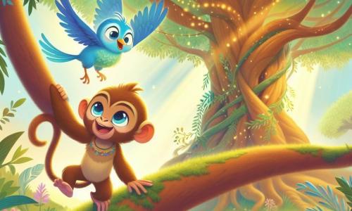 Un mono llamado Lila, con pelaje marrón claro y ojos brillantes de curiosidad, está colgado de una rama de un gran árbol, sonriendo alegremente mientras ayuda a un pequeño pájaro azul llamado Cielo, que agita sus alas con entusiasmo. Cielo, con su plumaje brillante y su delicado pico, está posado justo al lado de Lila, mirándola con admiración. Al fondo, el gran árbol de la sabiduría se alza majestuosamente, con sus hojas verdes brillantes y ramas extendidas creando un refugio mágico, mientras rayos de sol filtran a través del follaje, iluminando la escena con una suave luz dorada. La situación principal muestra a Lila y Cielo unidos en una hermosa amistad, listos para explorar el mundo mágico que los rodea, llenos de energía y alegría.