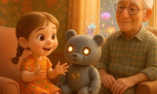 Bambina di 4 anni, felice e dolce, capelli castano chiaro in due piccole trecce, vestito colorato con motivi di carote, seduta sulle ginocchia di un orsetto-robot di peluche che ascolta mentre lei racconta una storia con mani espressive e volto sorridente; un orsetto-robot di peluche dalla texture morbida e parti metalliche lucenti, occhi LED caldi e una piccola melodia luminosa; un vicino anziano di circa 75 anni, capelli bianchi, occhiali rotondi e camicia a quadri, seduto in una grande poltrona vicino alla finestra che ascolta sorridendo guardando il giardino; fuori, visibile da una grande finestra aperta, aiuole di fiori meccanici con petali metallici e neon che si aprono diffondendo colori vivaci e scintille; ambiente caldo retro-futuristico con pareti a motivi floreali luminosi, tavolo in legno chiaro, tazza fumante e raggi di sole morbidi; scena principale: la bambina racconta sul grembo dell'orsetto-robot, l'uomo anziano ascolta e i fiori robotici fuori si risvegliano e brillano in risposta, atmosfera pacifica, colori pastello vividi e luci scintillanti.