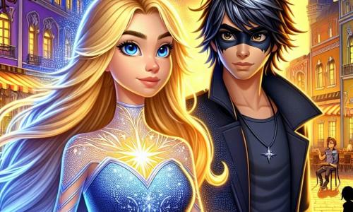 No centro da imagem, Estela Brilhante, uma jovem com longos cabelos dourados que brilham como raios de sol, se mantém orgulhosamente, com um olhar determinado e radiante. Ela veste um traje de super-heroína azul e prateado, adornado com uma estrela brilhante no peito, e seus olhos cintilam de energia e coragem enquanto se prepara para enfrentar o mal. À sua direita, Sombrio, um jovem de cerca de 25 anos, tem cabelos negros e uma roupa escura que contrasta com a luz de Estela. Ele exibe uma expressão de curiosidade misturada com hesitação, observando Estela com admiração, enquanto lança sombras fascinantes ao seu redor. O cenário acontece na praça central de Lumina, uma cidade colorida com edifícios de fachadas vibrantes, cafés animados e paredes adornadas com murais artísticos. Lampiões iluminam a cena, criando uma atmosfera mágica enquanto o sol se põe no horizonte, tingindo o céu de tons laranja e rosa. A situação principal mostra Estela e Sombrio em plena ação, prontos para unir forças e defender a cidade contra o mal. Estela, com um braço levantado, projeta um feixe de luz brilhante, enquanto Sombrio, ao seu lado, cria sombras dançantes que se entrelaçam com a luz, simbolizando sua aliança inesperada.