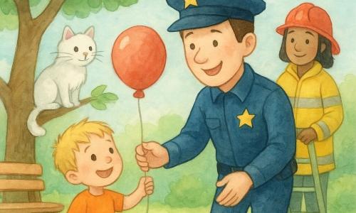 Un poliziotto sorridente dai capelli castani e pelle chiara porge allegramente un palloncino rosso a un ragazzino biondo di circa 5 anni che lo tiene per la cordicella; un gatto bianco e soffice su un ramo basso a sinistra osserva la scena; dietro, leggermente a destra, una pompiera sui 30 anni con casco rosso e giacca gialla regge una piccola scala appoggiata all'albero; ambientazione: parco soleggiato con prato verde, fiori rosa, una panchina a sinistra e nuvole soffici in un cielo azzurro pallido; stile dolce, colori pastello e tratti acquerello leggeri.