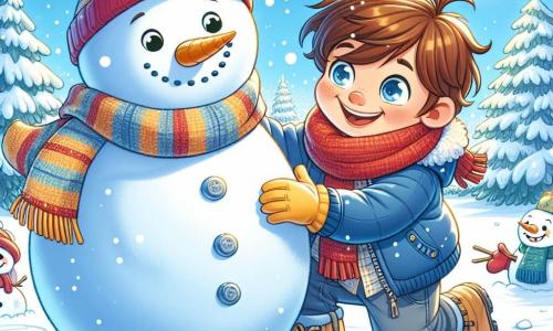 Ein fünfjähriger Junge, Max, mit zerzausten braunen Haaren und roten Wangen, lächelt fröhlich, während er einen großen Schneemann rollt. Er trägt eine blaue Jacke, eine rote Mütze und gelbe Handschuhe, und seine Augen strahlen vor Aufregung. Neben ihm beobachtet seine Mutter, eine etwa dreißigjährige Frau mit braunen Haaren im Dutt, ihn stolz lächelnd, während sie einen bunten Schal hält, um den Schneemann zu dekorieren. Die Szene spielt in einem verschneiten Garten, wo der Schnee den Boden und die Bäume bedeckt und eine märchenhafte Landschaft schafft. Sanfte Schneeflocken fallen vom hellblauen Himmel, und die Sonne scheint schwach durch die Wolken. Max und seine Mutter bauen gemeinsam einen Schneemann, lachen und haben Spaß, während sie ihm Accessoires hinzufügen, um ihm Leben einzuhauchen.