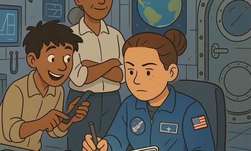 A female astronaut, about 28, round face with freckles, brown hair in a tight bun, focused and calm with slightly furrowed brows, holding a color-tabbed notebook and a pen, seated in a cluttered control station wearing a blue training suit with mission patches; a young man about 22 with messy hair and a mischievous smile stands to her left offering a strip of Velcro and encouraging her; a middle-aged female instructor of about 45 with gray hair in a low ponytail and a benevolent gaze stands behind them with arms crossed; interior of a space center with gray metal walls, green and red lights, screens showing blue graphs, Velcroed tablets, hanging cables, large Earth posters, and a round airlock door in the background; the astronaut is running a simulation, following a checklist from her notebook while a red alarm flashes above, warm concentrated light on the notebook, atmosphere of controlled tension and methodical organization.