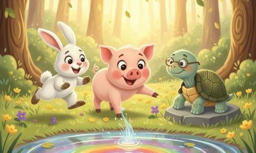 A small pig named Percy, joyful and amazed, pale pink with big bright eyes, rosy round cheeks, a tiny corkscrew tail and one hoof reaching toward the shimmering surface of a colorful pond; to the left, a small white bunny named Ruby, excited and smiling with upright ears, soft fur and muddy paws, hops near the water’s edge; to the right, an elderly turtle named Timothy, calm and kind with a textured green shell and round glasses, sits on a flat stone; they stand together at the edge of the Rainbow Pond in a sunlit woodland clearing with green grass dotted with yellow and purple flowers, knobbly brown tree trunks and translucent leaves, watching liquid rainbow colors swirl—warm, child-friendly gouache style with visible brush textures, a bright pastel palette and a clear centered composition.