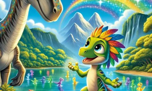 Ein Velociraptor namens Rafi mit leuchtend grünen und gelben Federn, großen neugierigen Augen und einem fröhlichen Lächeln steht am Ufer eines wunderschönen, schimmernden Sees, der in Regenbogenfarben leuchtet. Er springt vor Freude, seine kleinen Hinterbeine in die Luft gehoben, während er fasziniert den leuchtenden Kreaturen zusieht, die um ihn herumtanzen. Neben ihm steht Benny, ein großer Brachiosaurus mit langem Hals, grauer Haut und grünen Flecken, der freundlich lächelt. Er beugt sich leicht zu Rafi und beobachtet den See mit Faszination. Die Kulisse ist eine üppige Insel, umgeben von majestätischen Bergen und dichten Wäldern, in denen bunte Blumen in Hülle und Fülle wachsen. Der Himmel ist strahlend blau, mit flauschigen weißen Wolken, und die Sonne scheint hell, was eine fröhliche und magische Atmosphäre schafft. Die Hauptsituation zeigt Rafi und Benny, die gemeinsam das Geheimnis des leuchtenden Sees entdecken, voller Staunen und Aufregung, bereit für ein neues Abenteuer.
