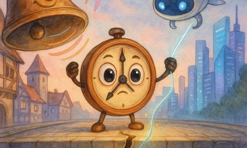 The main character is a small anthropomorphic varnished wood and brass clock with round shiny eyes and thin hand-like hands, determined yet gentle, holding its hands above a tear in the bridge while emitting tiny luminous vibrations; to the left a large bronze bell with a carved smiling face swings gently from the old town, sending colorful sound waves toward the clock, and to the right a smooth white futuristic drone with blue LEDs and a friendly expression hovers over the bridge projecting a bright holographic thread to help stitch the crack; the bridge links two towers—cobbled half-timbered houses on the left and glass neon skyscrapers on the right—soft clouds and a blue-pink gradient sky, the fissure at the center like an open mouth, soft light, controlled watercolor drops around the figures, warm magical atmosphere.