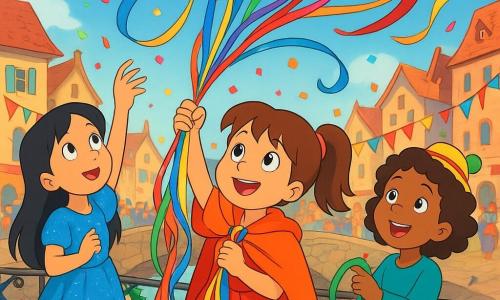 Three 5-year-old girls stand on a low stone bridge over a golden-reflecting river: Maya, brown hair in a ponytail wearing a deep sunset-orange cape, holds a bundle of multicolored ribbons at the center; Lila, sleek black hair in a sparkling blue-silver dress, stands to Maya’s left preparing to release a ribbon; Noor, dark curly hair with a small bell-adorned hat, stands to Maya’s right smiling as the wind lifts her ribbon’s end. The bridge has wet gleaming cobbles, wrought-iron railings with paper garlands, and colorful medieval buildings, flags and bunting in the background above a cheerful, blurred market crowd. Together they release paper streamers and shiny ribbons that spiral like stained glass into a clear sky with confetti falling, their faces full of wonder and joy in a bright carnival atmosphere.