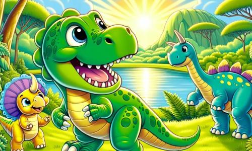 Młody Tyrannosaurus Rex o imieniu Tytus, z jaskrawozieloną skórą i dużymi, ciekawymi oczami, stoi na środku sceny, prezentując radosny i entuzjastyczny wyraz twarzy. Ma duże, umięśnione łapy i długi ogon, który wygina się za nim. Po jego prawej stronie stoi mały triceratops o imieniu Tosia, z żółtymi łuskami i ładnym różowym gryzoniem, który przyjaźnie uśmiecha się do Tytusa, gotowa towarzyszyć mu w przygodzie. Po lewej stronie znajduje się diplodok o imieniu Dorian, z długą szyją i niebieską skórą, który pochyla się, aby ich obserwować, prezentując łagodny i opiekuńczy wyraz twarzy. Tło stanowi rozległa, zielona polana, oświetlona złotym światłem słońca, otoczona dużymi paprociami i majestatycznymi drzewami. W tle mieni się jezioro jak lustro, odbijające żywe kolory nieba. Główna sytuacja pokazuje Tytusa i jego przyjaciół, wszyscy razem, gotowi do odkrywania nowego otoczenia, pełni ekscytacji i ciekawości, odkrywając cuda swojej wyspy pełnej niespodzianek.