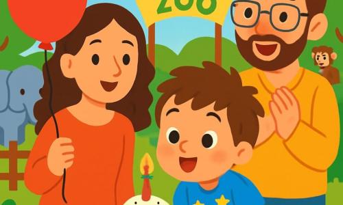 Un niño de 2 años, Tomás, con cabello castaño desordenado y ojos brillantes de alegría, sopla una vela de cumpleaños en un pequeño pastel colorido. Lleva una camiseta azul con estrellas y un pantalón corto amarillo, mostrando una gran sonrisa maravillada. A su lado, su mamá, una mujer de unos 30 años con cabello largo y rizado, lo anima con una sonrisa cálida, sosteniendo un globo rojo en su mano. Su papá, un hombre de unos 30 años con barba ligera y gafas, está justo detrás, aplaudiendo con orgullo. La escena tiene lugar en un zoológico soleado, rodeado de vegetación, con animales coloridos de fondo, como un elefante y un mono curioso. Tomás está rodeado de alegría y emoción, celebrando su cumpleaños entre risas y colores vivos.