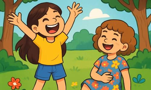 Hay 2 personajes principales: - María: una niña de 10 años, con largos cabellos castaños y ojos brillantes. Lleva una camiseta amarilla brillante y un short de mezclilla. Está riendo, con los brazos levantados, en un césped verde. - Lucía: una niña de 10 años, con cabello corto y rizado, de color castaño claro. Lleva un vestido de flores coloridas y sandalias. Está sentada en la hierba, sonriendo, con una mano en el vientre, como si acabara de reírse de un chiste de María. La situación principal ocurre en un pequeño parque secreto, rodeado de majestuosos árboles con hojas de un verde brillante. El suelo está cubierto de un suave césped, salpicado de flores silvestres de colores vivos. A lo lejos, se ve un cielo azul claro salpicado de algunas nubes blancas esponjosas. La escena muestra a María y Lucía divirtiéndose juntas, riendo a carcajadas después de una caída cómica de María, quien acaba de tropezar al intentar hacer una voltereta. La atmósfera es alegre y llena de complicidad, ilustrando el poder de la amistad y la ligereza de las emociones infantiles.