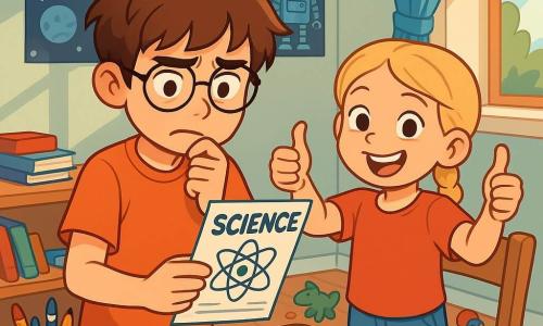 A 12-year-old boy, Ethan, with messy brown hair and round glasses, stands in front of a wooden desk, looking both anxious and determined. His brows are slightly furrowed, and he bites his lower lip while looking at a science flyer. Next to him, his 8-year-old sister Maddie, with braided blonde hair and an encouraging smile, gives a thumbs up while standing on a chair. Their room is decorated with posters of planets and robots, with a messy desk filled with books and school supplies. Soft light filters through the window, illuminating toys scattered on the floor. Ethan hesitates, holding the flyer in his hand, while Maddie enthusiastically encourages him. The atmosphere is warm and inspiring, capturing the moment when Ethan decides to overcome his fear and embark on his science project.