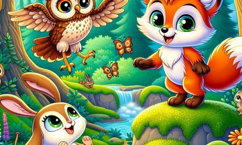 Ein kleiner Fuchs mit funkelnden Augen und leuchtend rotem Fell, Felix, steht auf einem moosbedeckten Felsen und zeigt einen entschlossenen und begeisterten Ausdruck. Neben ihm schaut eine weise Eule mit braunen Federn und großen runden Augen, Ella, neugierig mit leicht ausgebreiteten Flügeln, bereit, Felix' Ideen zuzuhören. Ein kleiner Hase mit langen Ohren und weichem Fell, Hops, hüpft fröhlich mit einem Lächeln im Gesicht und hält einen kleinen Zweig in seinen Pfoten. Die Szenerie zeigt eine üppige Natur mit majestätischen Bäumen, leuchtend grünen Blättern, bunten Blumen, die im Wind tanzen, und einem glitzernden Bach, der durch die Landschaft schlängelt. Die Szene findet bei einem Treffen von Tieren statt, bei dem Felix, Ella und Hops leidenschaftlich über den Schutz ihrer Umwelt diskutieren, umgeben von anderen Waldbewohnern, die alle vereint sind, um ihre schöne Natur zu retten.