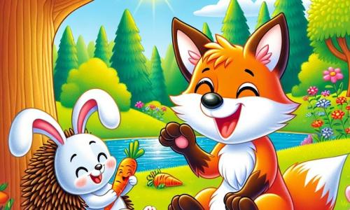 Fuzzy, a mischievous fox with bright orange fur and a bushy tail, laughs heartily with sparkling eyes of mischief as he stands near a large tree. Rabbit, a small bunny with big white ears and round eyes, sits on the green grass, laughing joyfully with a carrot in his paws. Hedgehog, a hedgehog with brown spines and a small black nose, is right next to him, smiling with amusement, his little paws raised in the air. The setting is a charming sunny garden filled with colorful flowers and majestic trees, with a sparkling pond in the background. Fuzzy plays a prank by telling Rabbit he has a carrot on his head, and all the friends burst into laughter in a joyful and playful atmosphere.