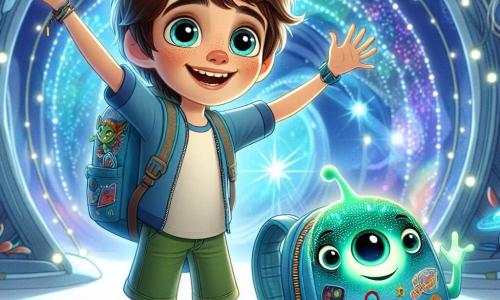 Max, an eleven-year-old boy with messy brown hair and sparkling curious eyes, stands at the center of the image, a big smile on his face, arms raised in victory. He wears a blue t-shirt and green shorts, accompanied by his trusty Benny the Backpack, a bright blue backpack with colorful patches, joyfully floating beside him, its zippers shining like stars. Nearby, Luma, a small luminescent alien with sparkling eyes and a shimmering green and blue body, watches in awe, her arms raised in encouragement. She stands slightly back, surrounded by a soft glow that lights up her joyful face. The setting is inside a futuristic spaceship, with glittering walls and colorful holograms projecting images of distant galaxies. Lights dance around them, creating a magical and fairy-tale atmosphere. The main scene shows Max and Luma celebrating their victory after successfully stabilizing the spaceship against a cosmic storm, surrounded by vibrant colors and a sense of camaraderie and adventure.