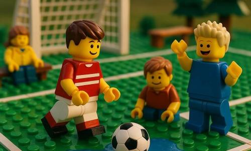 Il ragazzo principale è alto per la sua età, capelli castani corti, maglia rossa a righe bianche, scarpe da calcio nere lucide, sorride sicuro mentre passa con il piede un pallone LEGO rotondo e nero a un compagno; a destra c'è un ragazzo di circa 9 anni, capelli biondi a spazzola, pettorina blu, che riceve il pallone e alza un braccio per celebrare; accovacciato vicino a una pozza LEGO azzurra dove la palla è scivolata c'è un bambino timido di circa 8 anni, capelli castano chiaro, che guarda gli altri sorridendo; sullo sfondo, vicino alla rimessa laterale, una bambina di circa 6 anni con giacca gialla tiene un guanto perso sotto una piccola panchina LEGO; il campo è un piccolo stadio di mattoncini verdi texturizzati con linee bianche, porta bianca, qualche albero verde scuro e una panchina in mattoncini legno; il terreno è bagnato con una grande pozza lucida; situazione principale: momento di fair play — il passaggio al compagno invece del tiro, volti di gioia e solidarietà, piccole spruzzate LEGO intorno alla pozza, luce soffusa di tardo pomeriggio.