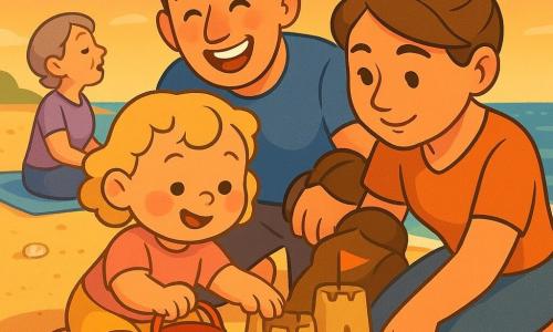 Bimba di 2 anni dal viso rotondo e guance rosate, capelli corti biondi ricci, sorride concentrata mentre tiene un secchiello rosso nella mano destra e tocca una torre di sabbia con la sinistra, accanto a lei la madre trentenne con capelli castani raccolti che la aiuta, il padre sui 32 anni con maglietta blu che ride e posa una mano protettiva sulla schiena, la nonna sessantenne seduta su un telo con capelli grigi corti che canta guardando il mare; spiaggia di sabbia dorata con piccole conchiglie, onde azzurre che lambiscono la riva, un basso castello di sabbia con una torre e una bandierina arancione, cielo al tramonto rosa e arancione, atmosfera calda, dolce e rassicurante.