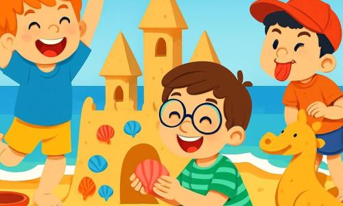 Ci sono 3 personaggi: Marco, un ragazzo di 8 anni con capelli rossi arruffati, t-shirt blu e pantaloni gialli, salta di gioia accanto a un castello di sabbia; Luca, un ragazzo di 8 anni con occhiali rotondi e capelli castani, indossa una camicia a righe verdi e pantaloni corti, accovacciato con una conchiglia rosa in mano e un grande sorriso; Gianni, un ragazzo di 7 anni, piccolo e birichino, con capelli neri e un cappellino rosso, fa una smorfia divertente in piedi su una piccola duna di sabbia accanto a un drago di sabbia che ha costruito. La scena si svolge su una spiaggia soleggiata, con onde dolci che si infrangono sulla riva, sotto un cielo blu brillante con alcune nuvole bianche. I tre amici costruiscono il loro castello di sabbia magico, ridendo e divertendosi insieme, circondati dai loro tesori: sabbie colorate, conchiglie e piccoli giocattoli.
